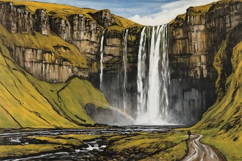 Enjoy the view from behind the falling springwater of Seljalandsfoss waterfall on the South Coast.,haifoss,skogafoss,seljalandsfoss,gufufoss,brown waterfall,kirkjufellfoss,wasserfall,falls of the clif