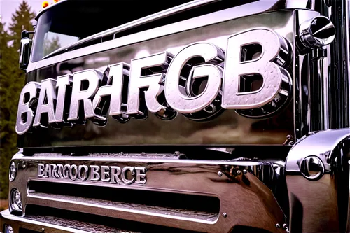  Logging truck, chrome finish, silver logo, bold font, capital letters, 3D emblem, metallic texture, reflective surface, morning dew, low-angle shot, dramatic lighting, cinematic composition.,bannack 