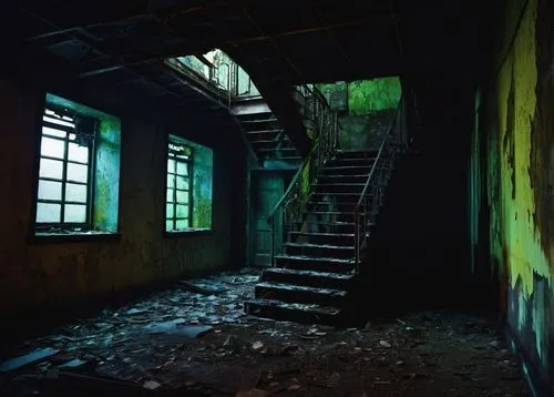 Abandoned 3-story dimly lit nocturnal architectural structure, old rusty iron staircase, peeling paint on walls, cracked concrete floor, broken windows with shattered glass, eerie flickering fluoresce