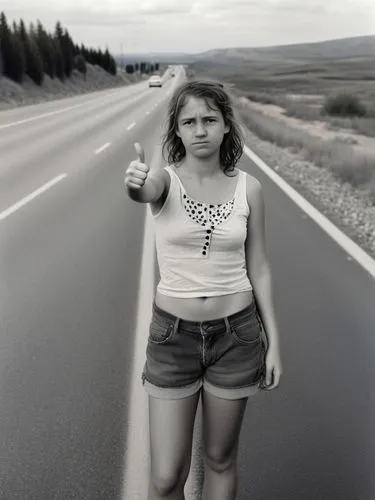 B&W high res photo: A poor-looking young woman stands at the side of the road with her thumb up, hitchhiking.,a woman pointing up on the side of the road,hitchhiked,hitchhike,hitchhikes,hitchhiking,ma