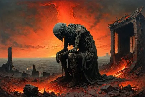 desolation,sepulchre,disfigurement,scorched earth,death angel,conflagration,sorrow,city in flames,grief,the conflagration,half-mourning,end-of-admoria,death god,corroded,dance of death,corrosion,of mourning,lover's grief,death's-head,hinnom,Conceptual Art,Oil color,Oil Color 06