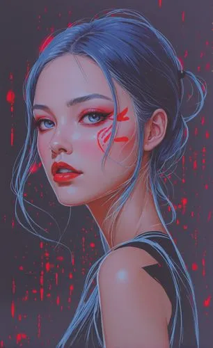 the girl with blue hair and red eyes,elektra,psylocke,karou,kommuna,kreuk,zhu,Illustration,Japanese style,Japanese Style 18