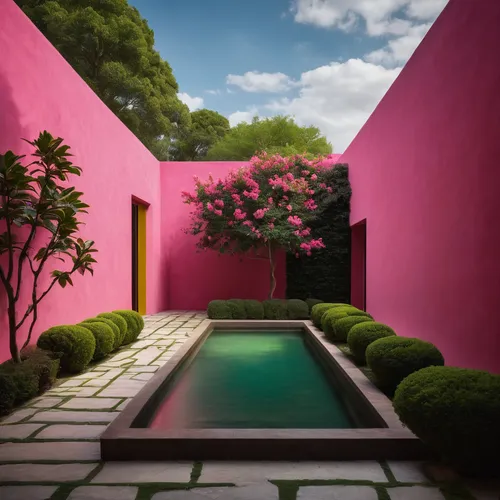 Design a 2D courtyard inspired by Luis Barragán with his iconic use of color. Picture a serene courtyard characterized by vibrant pink walls, complemented by lush greenery and water features. The arch