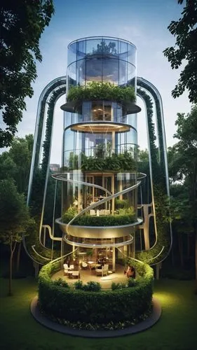 an architectural masterpiece featuring a stunning glass facade that seamlessly merges with lush vegetation. The building's transparent exterior reflects the natural surroundings while allowing the war