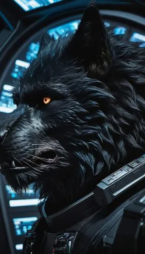 in the control compartment of a high-tech spaceship, black shaggy werewolf devil,  black fur, Andromeda Nebula,,a dog wearing black fur with yellow eyes,fenrir,kuchak,constellation wolf,ursa,wolstein,