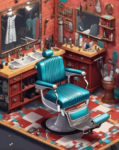 barber chair,barber shop,barbershop,barber,salon,the long-hair cutter,beauty salon,hairdresser,hairdressers,hairdressing,tailor seat,office chair,beauty room,sewing room,boy's room picture,hairstylist,car salon,sewing machine,doctor's room,cosmetics counter,Unique,3D,Isometric