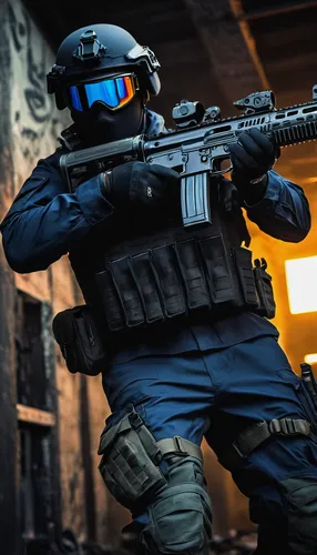 navy blue anodized MP7, submachine gun, metallic texture, detailed engravings, tactical rail, foregrip, holographic sight, magazine inserted, black rubber grip, weapon in action, shooting stance, bras