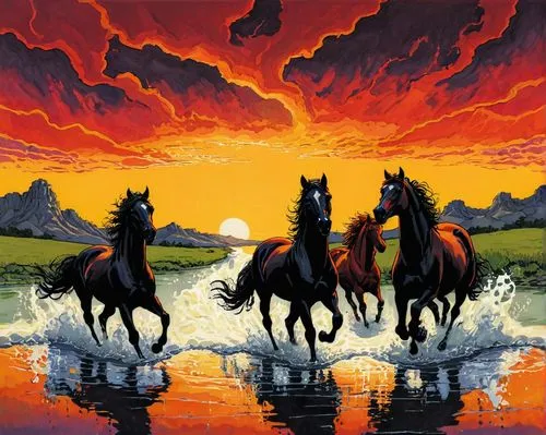 neighing horses in river water under red, yellow, orange sky,three horses are walking in water as the sun sets,bay horses,chevaux,horses,lusitanos,caballos,wild horses,Illustration,American Style,Amer