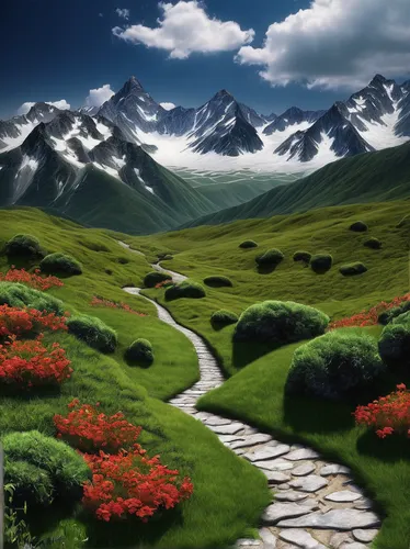 landscape background,mountain landscape,salt meadow landscape,mountainous landscape,fantasy landscape,mountain scene,hiking path,the valley of flowers,world digital painting,alpine meadow,mountain meadow,nature landscape,meadow landscape,alpine crossing,home landscape,mountain tundra,landscape mountains alps,alpine pastures,high landscape,mountain pasture,Illustration,Black and White,Black and White 26