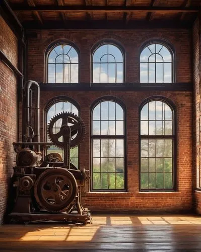 brickworks,steam engine,locomotive roundhouse,old factory,machinery,empty factory,steampunk gears,old factory building,industrial landscape,abandoned factory,iron wheels,locomotive shed,manufactory,spinning wheel,industrial hall,industrial ruin,linotype,brewery boiler,deindustrialization,manufactories,Art,Classical Oil Painting,Classical Oil Painting 40