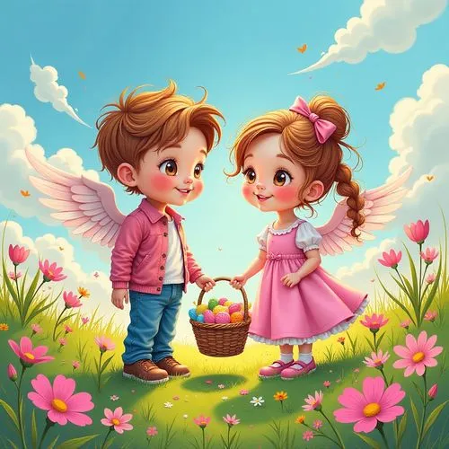 cute cartoon image,little boy and girl,girl and boy outdoor,little angels,love angel,arefin