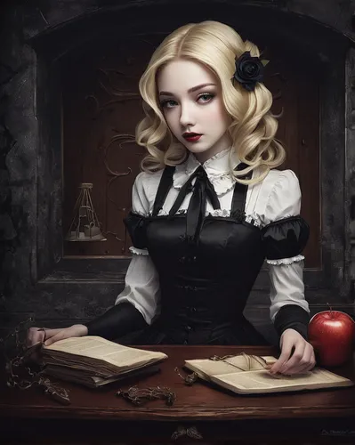 gothic portrait,victorian lady,tutor,victorian style,librarian,woman eating apple,alice,girl studying,girl in the kitchen,gothic woman,vampire lady,clavichord,dark art,watchmaker,vampire woman,fantasy portrait,telephone operator,candlemaker,mystical portrait of a girl,gothic fashion,Illustration,Abstract Fantasy,Abstract Fantasy 02