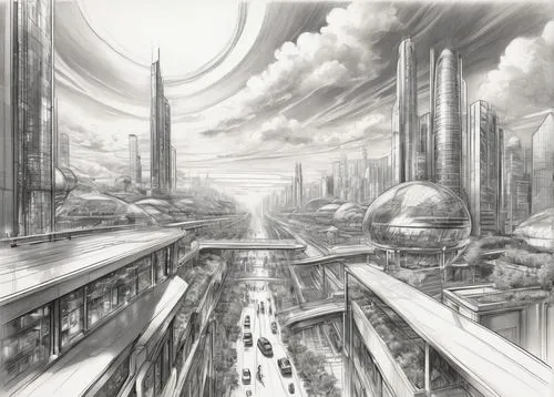 arcology,futuristic landscape,post-apocalyptic landscape,skyways,undercity,industrial landscape,cybercity,city scape,megastructures,metropolis,coruscant,superhighways,homeworlds,unbuilt,fantasy city,ancient city,destroyed city,megacities,environments,cityscapes,Illustration,Black and White,Black and White 30