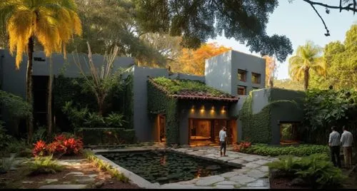 EL EXTERIOR DE UNA CASA CON ESTILO MEXCANO MODERNO, USO DE COLORES VIBRANTES, MATERIALES REFIONALES, TEJA, VIGAS DE MADERA, EN UN AMBIENTE EXUBERANTE, ESTANQUE DE AGUA AL FRENTE, PROPORCION, EXCELENTE