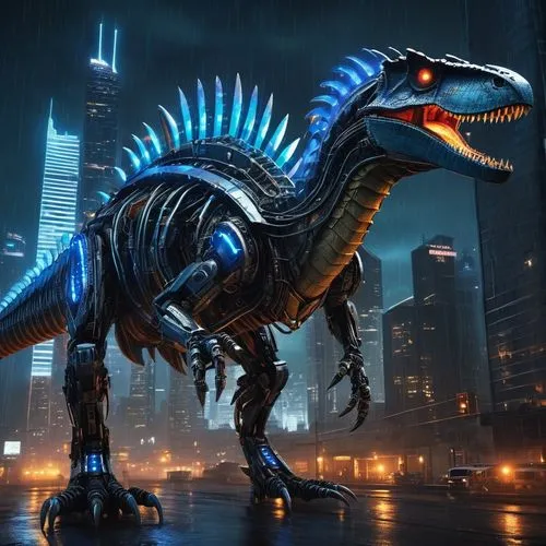 Mechanical Spinosaurus, robotic dinosaur, futuristic, metallic body, silver armor, glowing blue circuits, sharp claws, powerful legs, advanced AI eyes, cityscape background, skyscrapers, neon lights, 