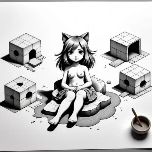 game drawing,game illustration,wooden cubes,drawing cat,cubisme,overworld