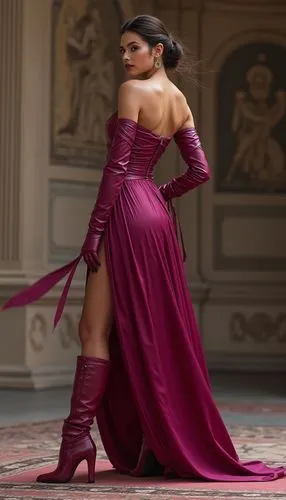 adult teen wear greek long elegant dress with short sleeves and  long magenta leather gloves extend to the sleeves of the dress and  thigh high magenta boots matching (elegant). parade for an importan