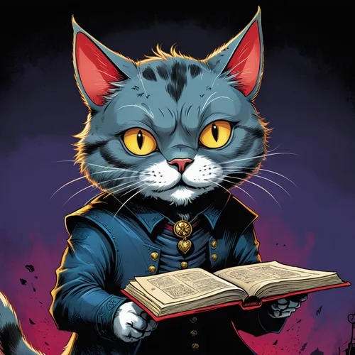 scholar,sci fiction illustration,cartoon cat,chartreux,game illustration,book illustration,librarian,halloween cat,cat cartoon,magic book,napoleon cat,cat sparrow,bram stoker,capricorn kitz,cat vector,author,cat image,the cat,magic grimoire,mystery book cover,Illustration,American Style,American Style 13