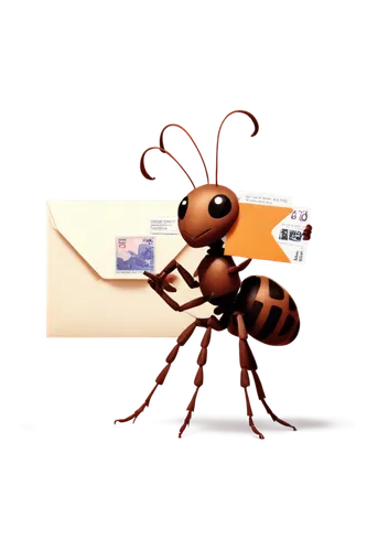 Ant, letter, tiny, brown body, six legs, antennae, holding small envelope, postal stamp, white paper, ink pen, standing on desk, warm lighting, shallow depth of field, 3/4 composition, natural texture