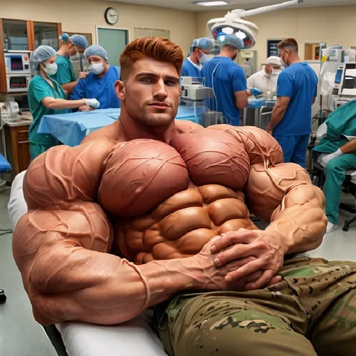 An army man with huge muscles sitting on a hospital bench, waiting for a surgical procedure...,vitalyevich,physiques,musclebound,body building,ferrigato,edge muscle