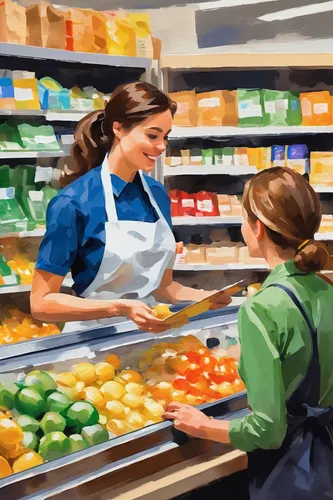 grocery,grocer,grocery store,supermarket,grocery shopping,supermarket shelf,cashier,deli,groceries,greengrocer,digital painting,clerk,kitchen shop,convenience store,fresh produce,watercolor shops,woman shopping,food preparation,merchant,customers,Conceptual Art,Oil color,Oil Color 10