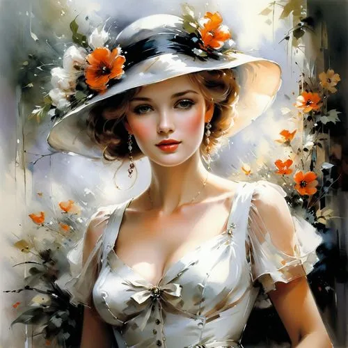 vintage woman,beautiful bonnet,vintage girl,victorian lady,heighton,viveros,vanderhorst,vintage women,retro pin up girl,flower hat,milliner,millinery,domergue,watercolor pin up,vintage flowers,whitmore,gardenias,vintage floral,girl wearing hat,white lady,Conceptual Art,Oil color,Oil Color 03