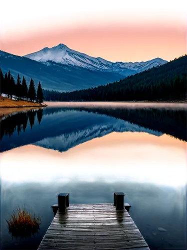 Rocky Mountains, Colorado scenery, majestic landscape, snow-capped peaks, evergreen trees, serene lake, wooden dock, misty morning, soft golden light, panoramic view, 3/4 composition, shallow depth of