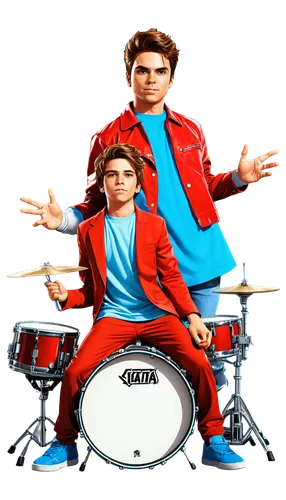 Drummer boy, cartoon style, colorful clothing, dynamic pose, energetic facial expression, messy brown hair, bright blue eyes, white drumsticks, red drum set, shiny metal hardware, bold line art, vibra