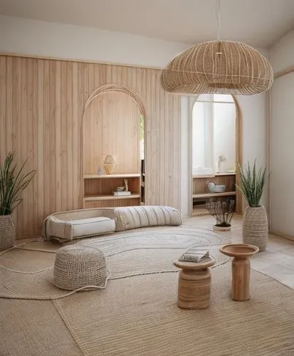 Boho shake,wood,the wooden ones,blanket, bokla  fabric sofa , white sofa ,straw lamp,shadow,niches,decoration, plans, flower pots,rug,parquet , fix the arc, add a view ,wooden sauna,danish furniture,j