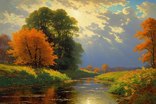 autumn landscape,river landscape,autumn idyll,fall landscape,autumn scenery,one autumn afternoon,autumn light,golden autumn,light of autumn,the autumn,forest landscape,meadow landscape,brook landscape,nature landscape,autumn morning,in the autumn,landscape nature,landscape background,autumn background,autumn sun,Art,Classical Oil Painting,Classical Oil Painting 15