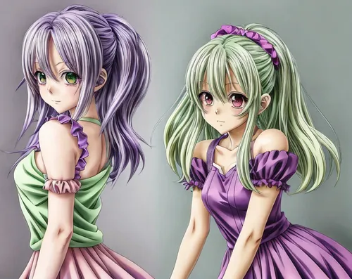 two girls,triplet lily,joint dolls,hairstyles,in pairs,sisters,duo,sage color,vocaloid,purple and pink,patrol,fashion dolls,pink green,doll figures,twin flowers,citrus,frula,anime japanese clothing,do