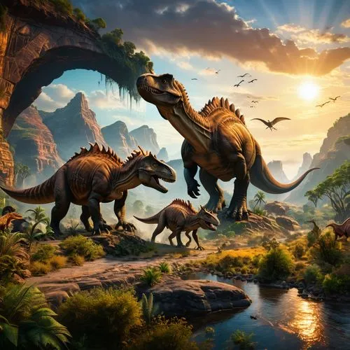 a group of dinosaurs graze in the heart of the savannah. In the distance,  they make their way along the canyon floor. In the background, a rocky bridge spans towards the water, and the sun casts a go