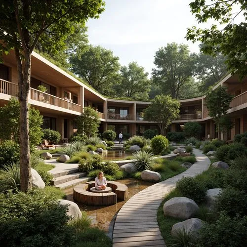 Seamless landscape integration, organic curves, natural stone walls, lush green roofs, native plant species, meandering pathways, serene water features, wooden bridges, rustic benches, earthy color pa