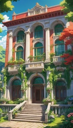 studio ghibli,violet evergarden,art nouveau,villa,french building,apartment building,beautiful buildings,apartment house,mansion,aqua studio,country estate,tsukemono,house of the sea,grand master's palace,private house,treasure house,kindergarten,grand hotel,europe palace,art academy,Illustration,Japanese style,Japanese Style 03