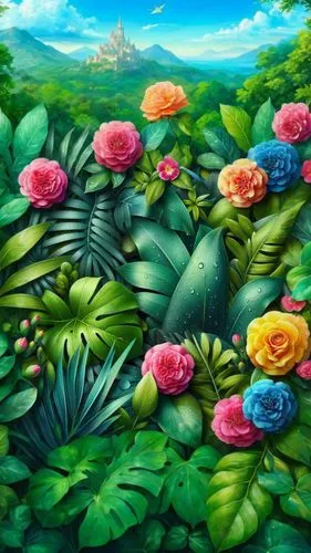 flower painting,cartoon video game background,landscape background,nature background,flower background,garden of eden,welin,children's background,flower garden,springtime background,lotuses,tropical bloom,background design,mushroom landscape,splendor of flowers,khokhloma painting,fairyland,oil painting on canvas,home landscape,pintura