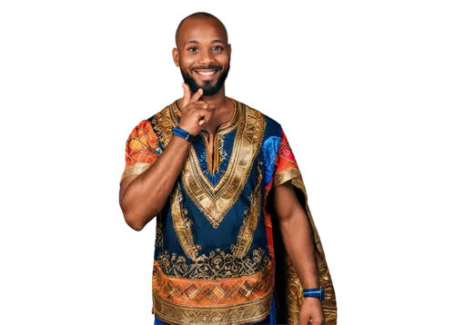 African man, dark skin, shaved head, thick beard, muscular build, traditional clothing, colorful dashiki, gold necklace, warm smile, standing, one hand on hip, confident posture, natural lighting, ear