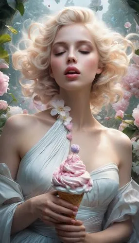 woman with ice-cream,sugar roses,scent of roses,the sleeping rose,magnolia blossom,white rose snow queen,Conceptual Art,Fantasy,Fantasy 11