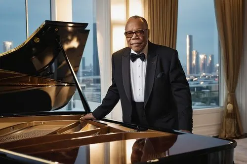 Quincy Jones, iconic music producer, mature gentleman, African American, grey hair, thick beard, glasses, elegant suit, white shirt, black bow tie, standing, leaning on a grand piano, luxurious living