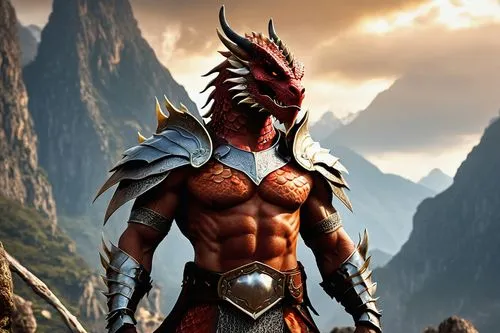 Muscular red dragonborn, standing proudly, fierce facial expression, golden scales glistening, sharp claws, pointed ears, fiery mane flowing in the wind, intense gaze, powerful chest, toned arms, scal