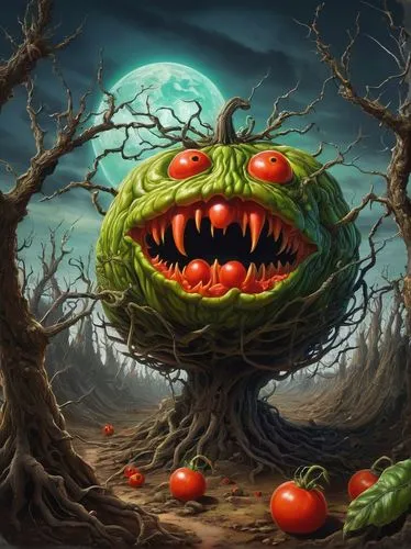 green tomatoe,halloween background,rotten apple,calabaza,kirdyapkin,gourmelon,Illustration,Realistic Fantasy,Realistic Fantasy 08