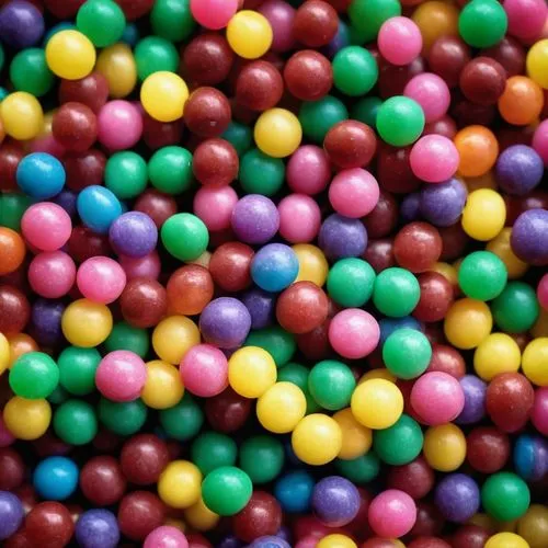 The image depicts a close-up view of several intertwined candy bracelets made of colorful, round bead-like candies. The candies are arranged in multiple strings, creating a piled and somewhat tangled 