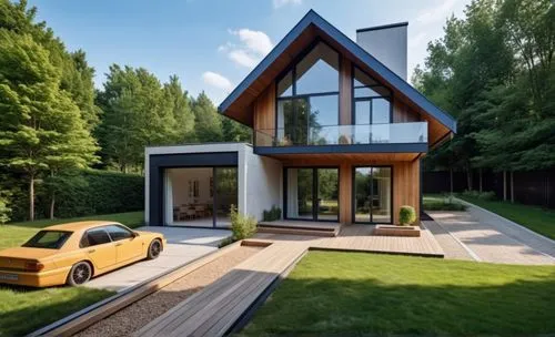 modern house in a forest settingmodern house.  white walls . wooden panels. black window frame. garage door with glazing,modern house,cube house,cubic house,modern architecture,wooden house,beautiful 