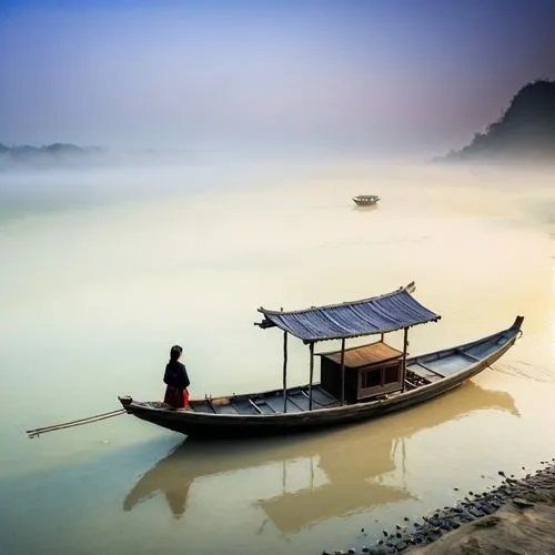 old wooden boat at sunrise,boat landscape,sampan,southeast asia,tailandia,taxi boat,fishing boat,boatman,row boat,inle,boat on sea,vietnam,viet nam,fishing village,inle lake,tranquility,mekong river,fisherman,water boat,wooden boat,Illustration,Abstract Fantasy,Abstract Fantasy 17