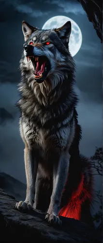 wolf, Garm, mythical creature, snarling pose, sharp teeth, glowing red eyes, dark fur, Norse mythology, Hel's guard, standing on the edge of a cliff, full moon, misty forest, ominous atmosphere, detai