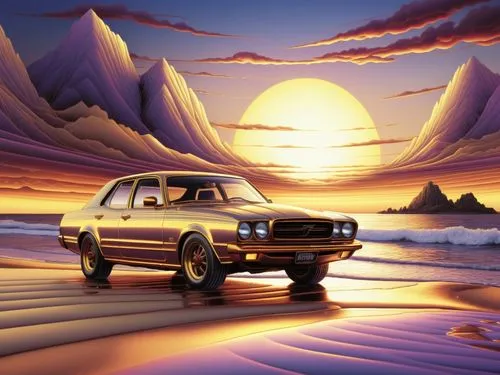 a car is on the beach with the ocean in front,muscle car cartoon,3d car wallpaper,cartoon video game background,opel record p1,opel record,cartoon car,Illustration,Realistic Fantasy,Realistic Fantasy 