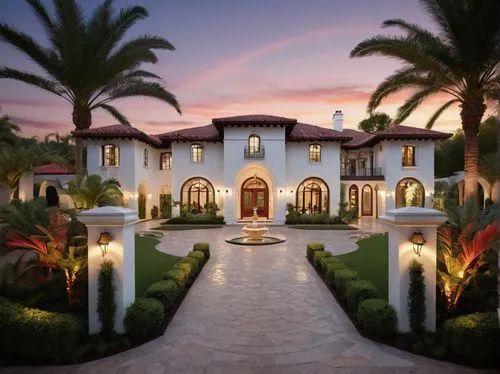 Modern home, luxurious villa, Mediterranean Revival style, grand entrance, ornate door, arched windows, stucco exterior, red-tiled roof, sprawling lawn, lush greenery, palm trees, white marble fountai