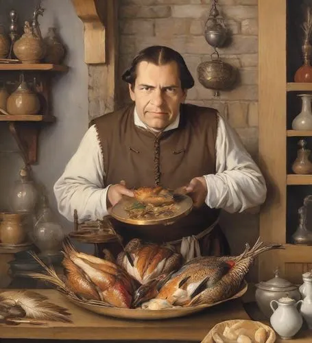 Portrait of a male medieval cook holding a roasted pheasant with feathers on a platter, painting <class> by Hans Holbein the Younger, male cook dressed in medieval clothes for working in the kitchen, 