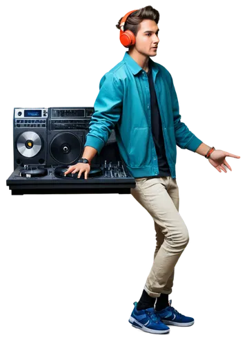 DJ, music producer, studio, solo, headphones, youthful, dynamic hairstyle, colorful clothing, sneakers, turntables, vinyl records, mixing console, microphone, bright lighting, urban background, 3/4 co