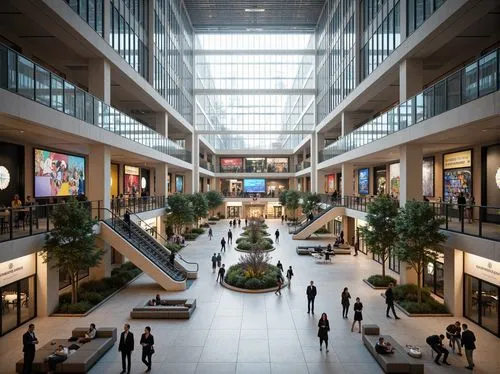 Bustling metropolitan hub, grand central atrium, sweeping staircases, polished marble floors, modernized information displays, sleek glass railings, efficient escalators, comfortable seating areas, vi