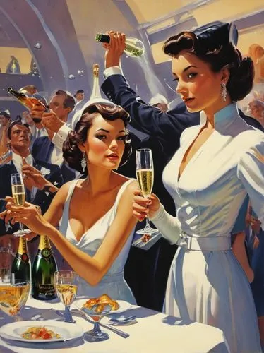 champagne reception,vettriano,hostesses,champagne flute,aperitif,vintage illustration,Conceptual Art,Fantasy,Fantasy 04